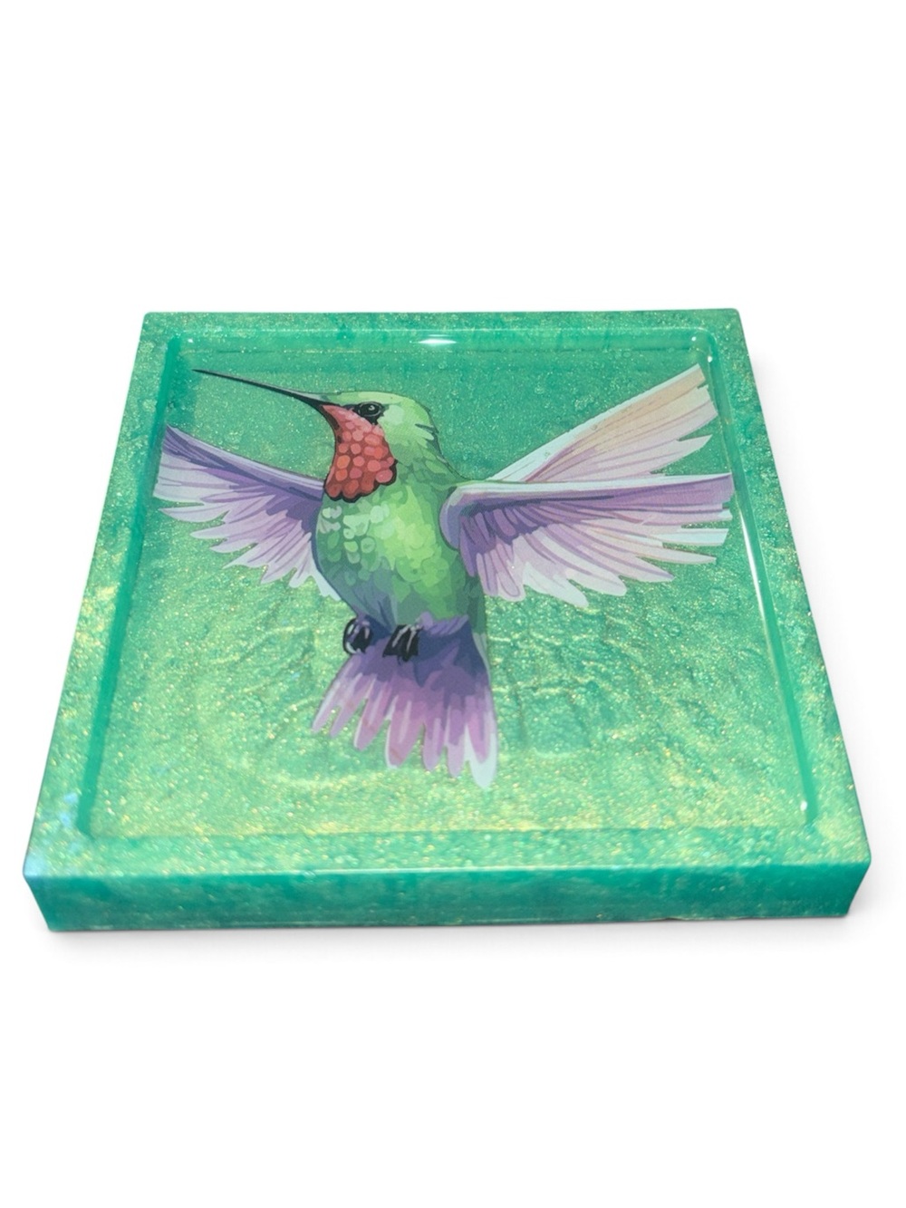 NORE'S NOVELTIES Single Handcrafted Square Coaster “HUMMINGBIRD- Green”
